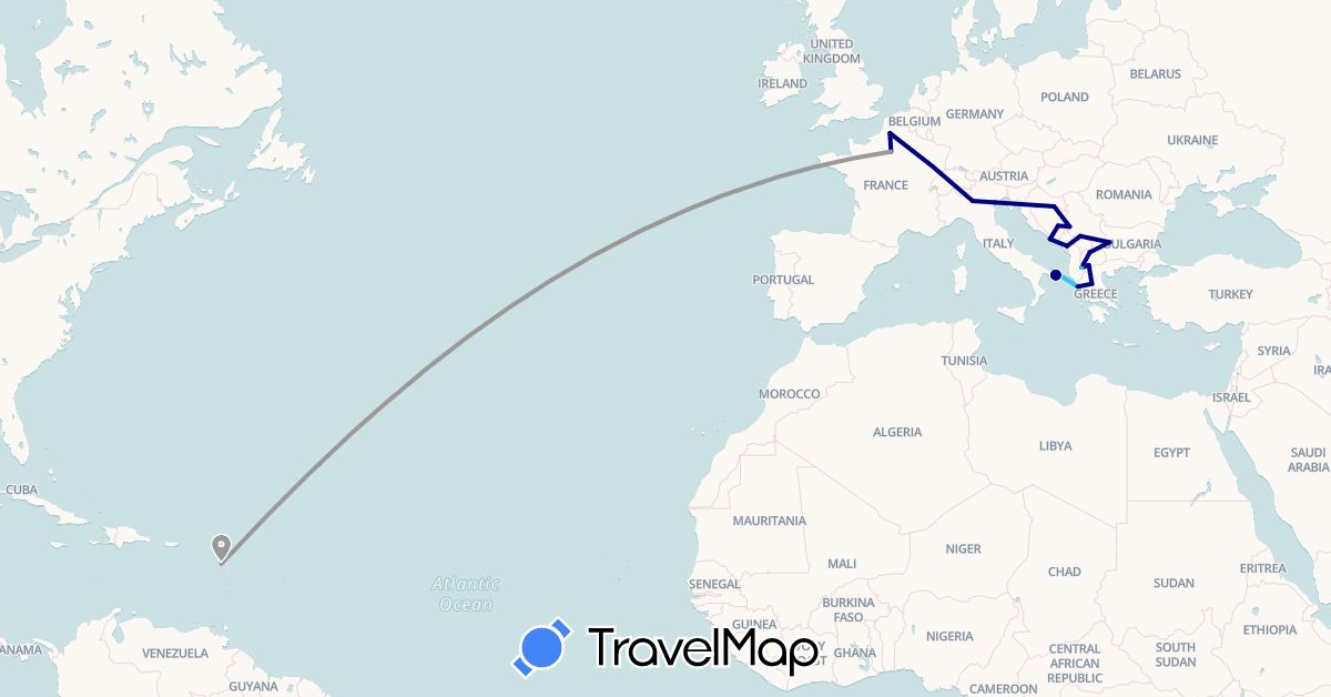 TravelMap itinerary: driving, plane, boat in Albania, Bosnia and Herzegovina, Bulgaria, France, Greece, Croatia, Italy, Montenegro, Macedonia, Serbia (Europe)